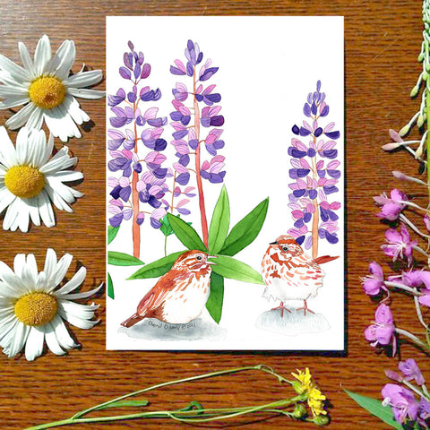 Sparrow in the Lupine - Greeting Card